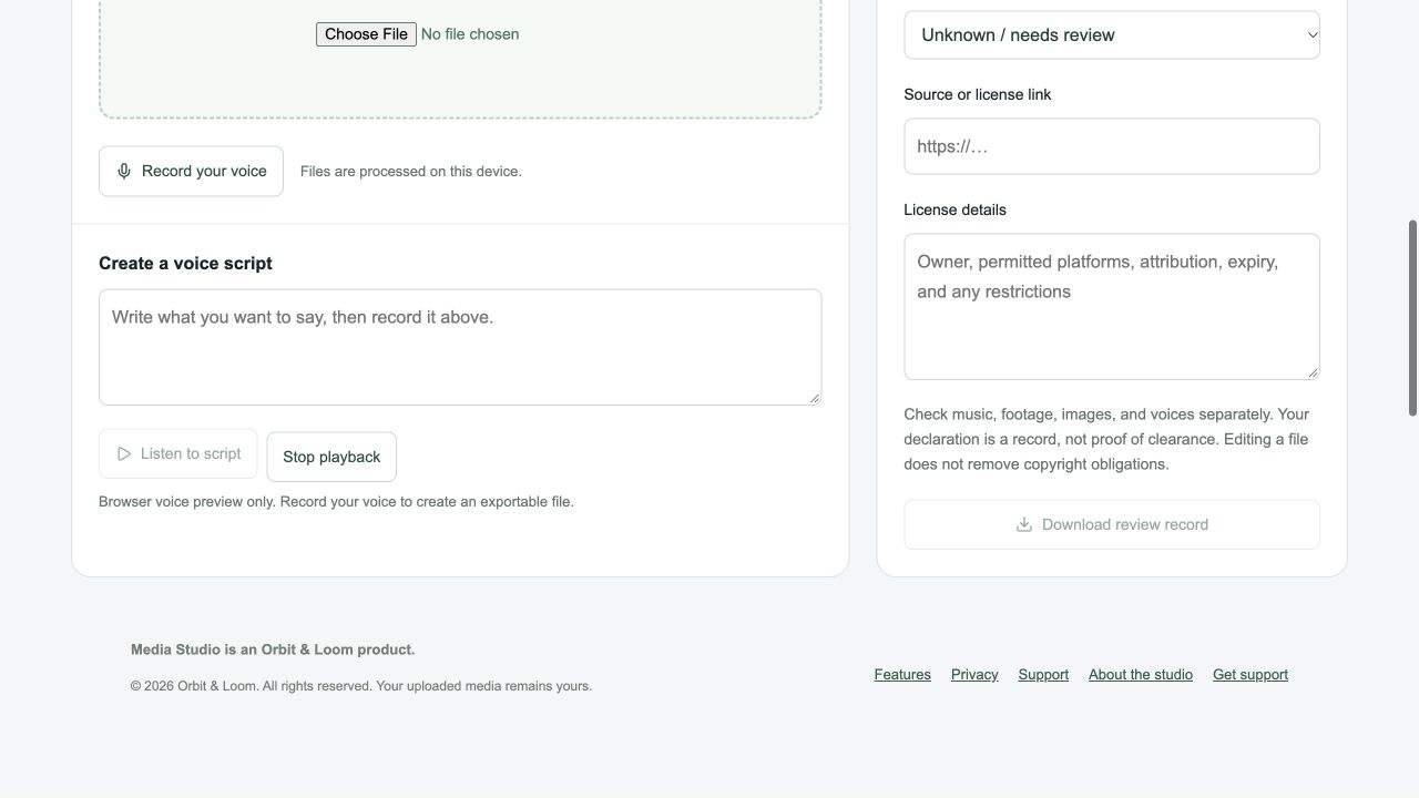 Copyright review tab in Media Studio showing automated scan unavailable